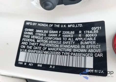 2021 Honda Civic Type R Touring из США, поврежденный, VIN SHHFK8G74MU203355